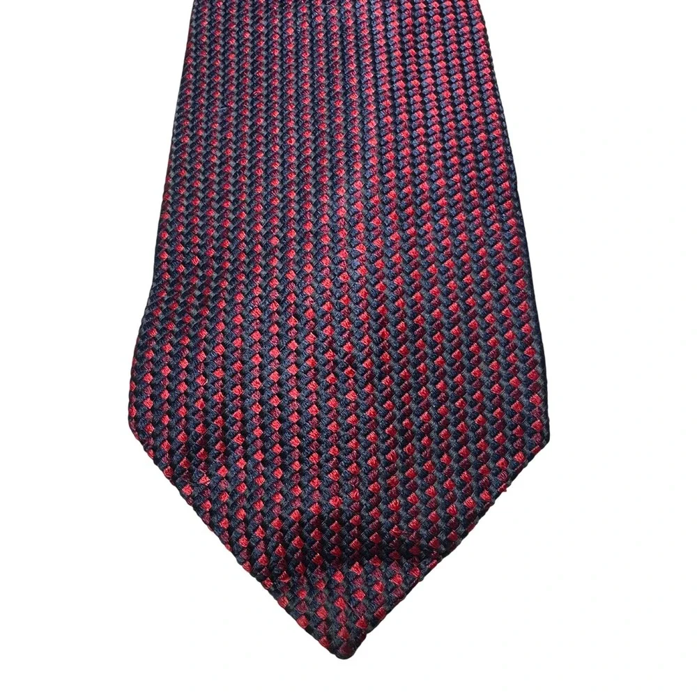 DeSantis Collection Mens Silk Tie‎ Navy Red Micro Diamond Weave Made in Italy